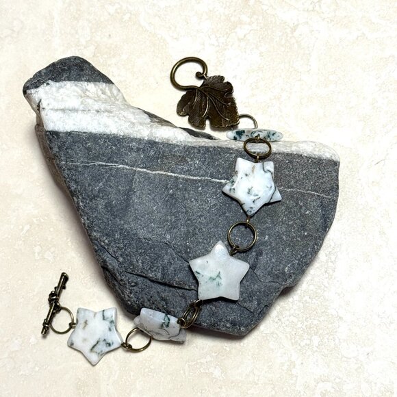 2/$20, Genuine White Green Tree Agate Bracelet, Gemstone Star +Bronze Grape Leaf - Picture 6 of 11